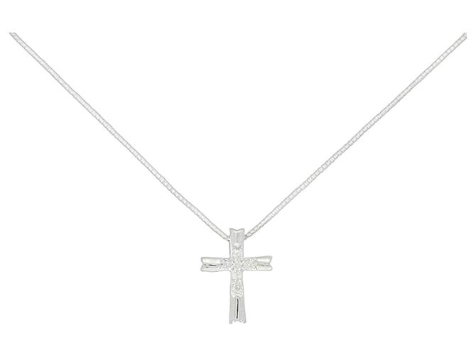 Autre Marque Collana Croce in Oro Bianco K10 e Diamanti