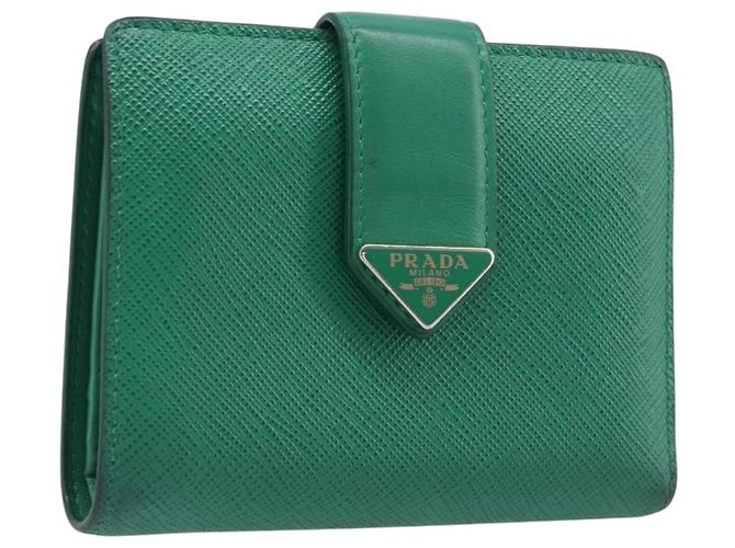 PRADA Portefeuille compact en cuir Saffiano Vert Doré