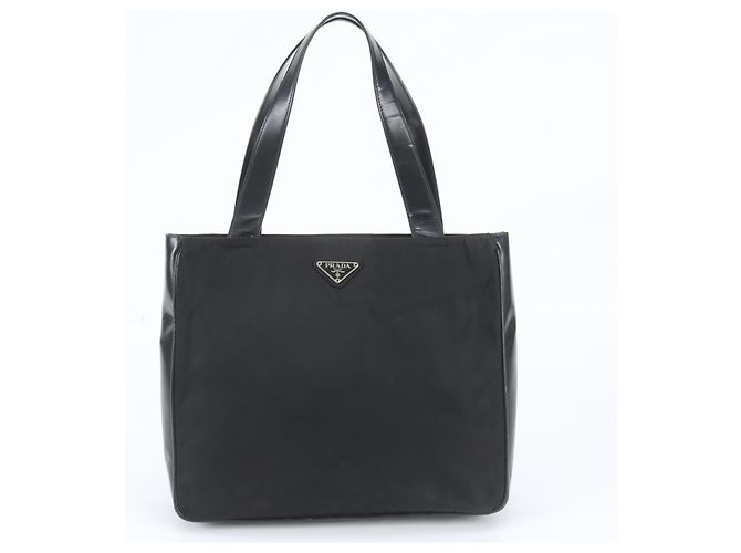 Prada Triangle Logo Leather Nylon Tote Bag
