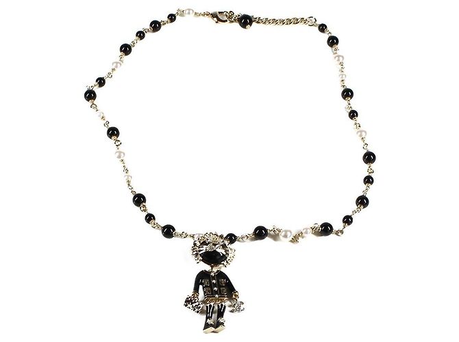 Chanel Colar Coco Lion Pérolas Pretas Ouro