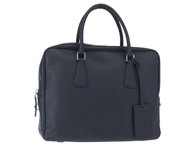 PRADA Hand Bag Safiano leather Navy Silver