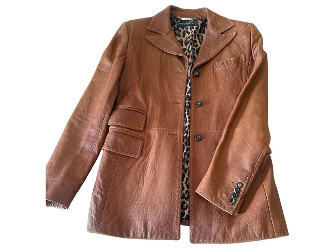 Dolce & Gabbana Brown Leather Jacket with Leopard Lining
