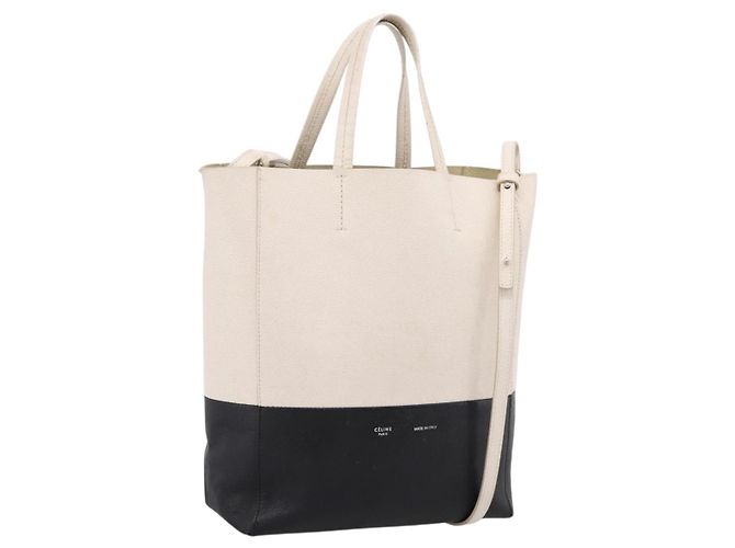Céline CELINE Vertical Cabas Small Hand Bag Leather 2way White Silver