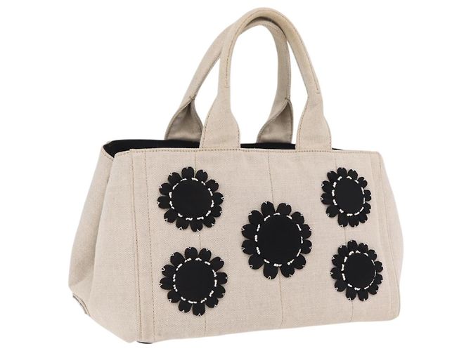 PRADA Canapa MM Hand Bag Canvas Beige Silver