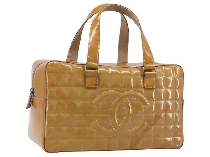 CHANEL Bolso de Mano Choco Bar Charol Amarillo Silver CC