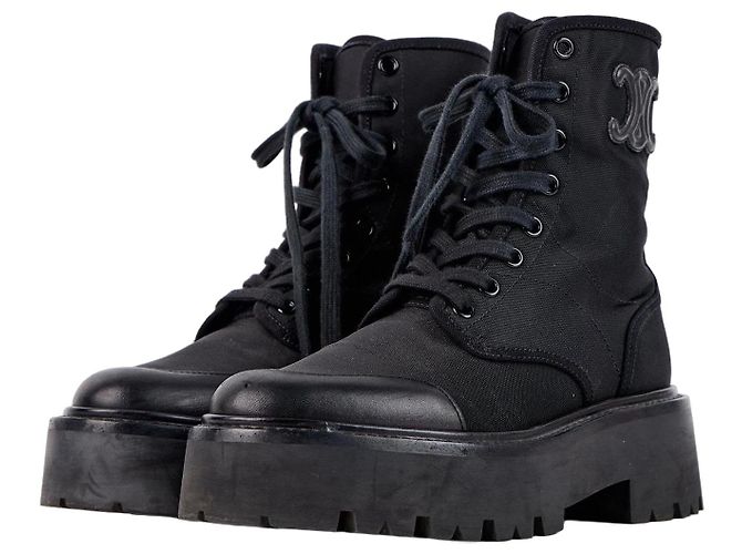 Céline Celine Botins Triomphe Pretos em Pele e Têxtil
