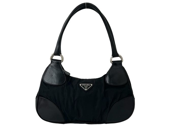 Bolsa semi-ombro em nylon Tessuto Pocono e couro com logo triângulo Prada