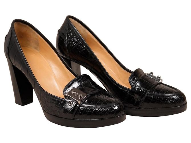 Hermès Black Crocodile Leather Block Heel Pumps