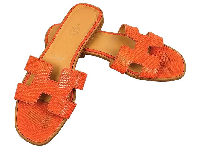 Hermès Oran Echsenleder Sandalen Orange