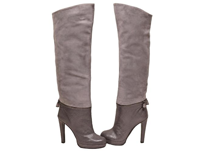 Bottes hautes Sergio Rossi en daim gris et cuir de python