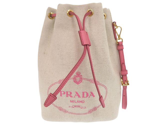 Prada Beige and Pink Canvas Drawstring Handbag