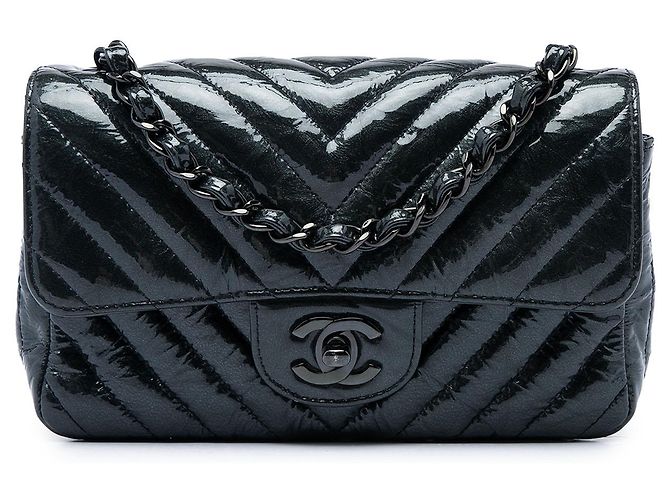 Chanel Black Mini Rectangular Classic Chevron Crumpled Patent So Black Single Flap