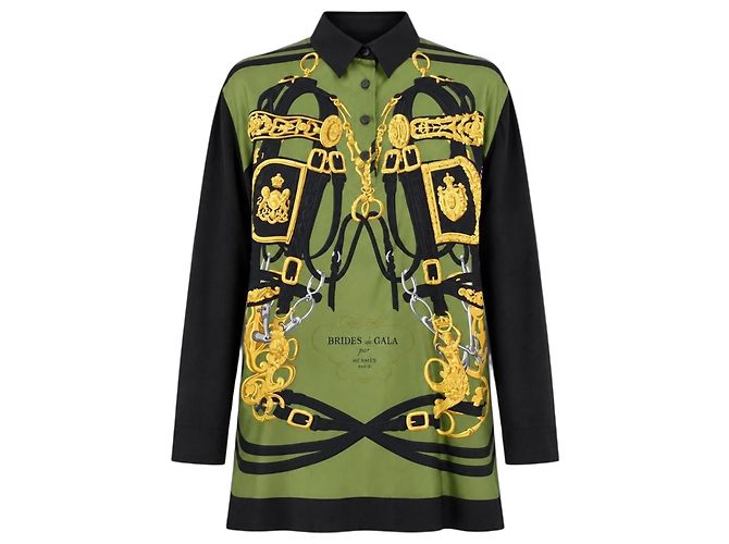 Hermès Blusa Brides de Gala Seta e Cotone Verde Nero