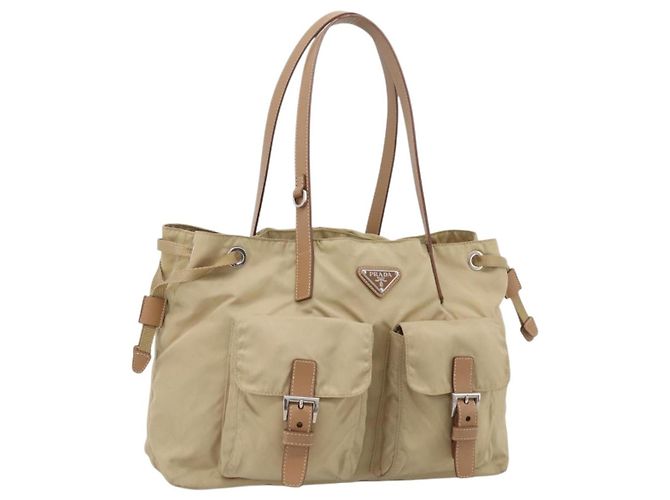 PRADA Tote Bag Nylon Beige Silver