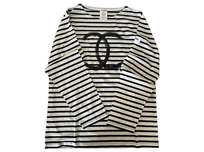 T-shirt a righe in cotone Chanel nero e bianco logo CC