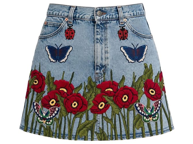 Mini Saia de Denim Bordada Gucci Pre-Fall 2016