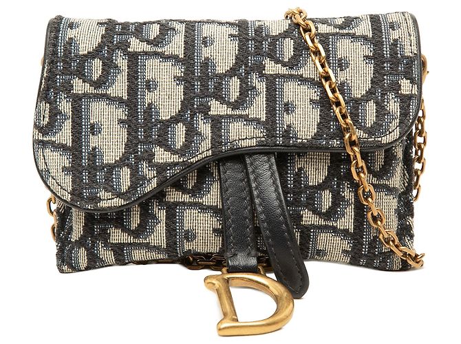 Borsa a tracolla Dior Nano Oblique Canvas Saddle Chain Pouch Blu