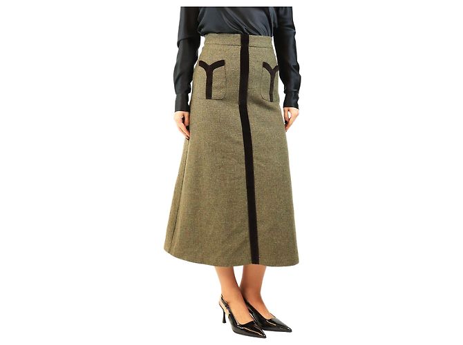 Autre Marque Falda Dogtooth con paneles de terciopelo marrón y verde - size L