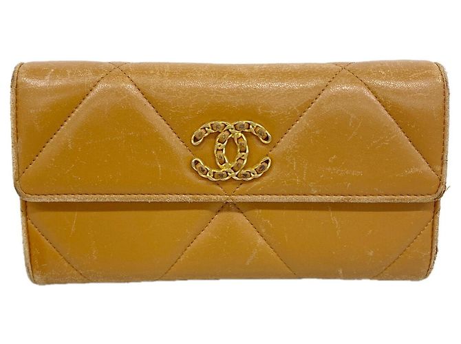 Chanel Long Wallet Light Brown Lambskin Leather