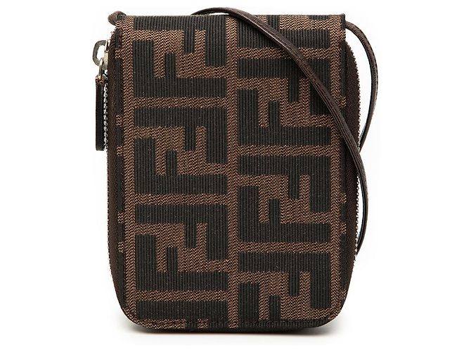 Fendi Brown Zucca Canvas Zip Wallet on Strap