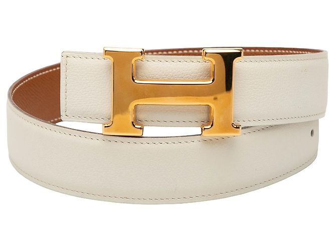 Cinto Reversível Constance H Hermès em Box Calf e Courchevel Branco