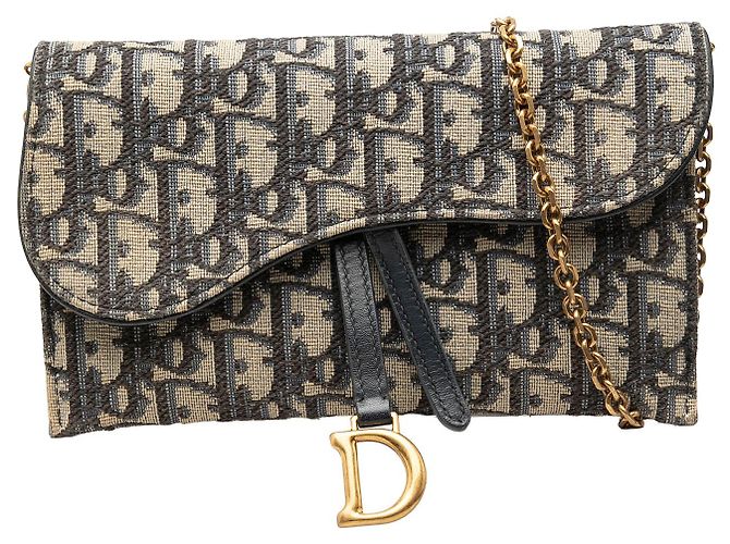 Dior Blue Small Oblique Canvas Saddle Pouch with Chain