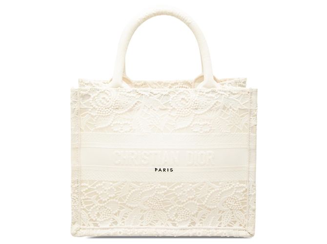 Dior White Small Embroidered Mesh Macrame Book Tote