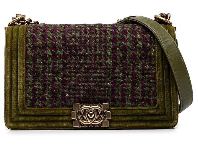 Chanel Boy Flap Old Medium in Tweed e Velluto Verde
