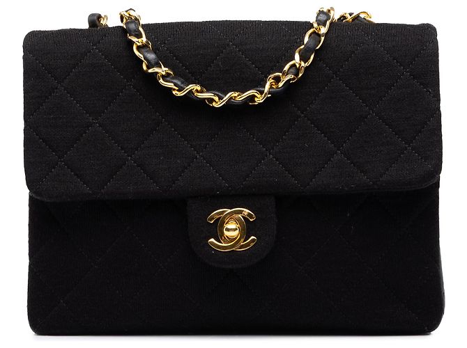 Chanel Mini Square Flap em jersey acolchoado e pele de cordeiro preta