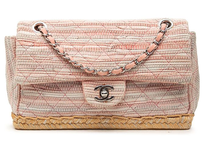 Chanel Espadrille Chain Flap em algodão acolchoado rosa e juta