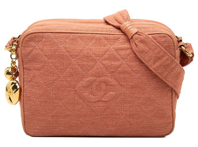 Bolsa Camera Chanel em linho acolchoado rosa CC com zíper duplo