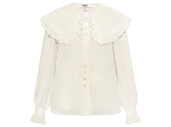 Chloé Seidenbluse in Weiß mit Spitzenrüschenkragen