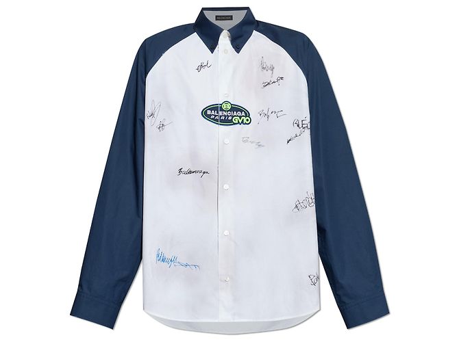 Camicia Balenciaga Logo Bianca e Blu Navy in Cotone