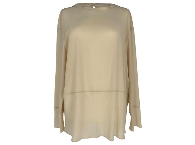 Brunello Cucinelli Langarm-Bluse aus cremefarbener Seide