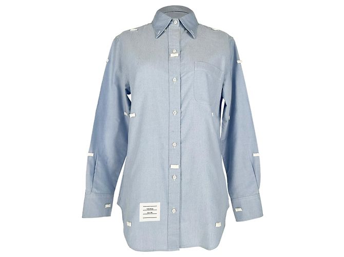 Camicia button-down ricamata Thom Browne in cotone blu