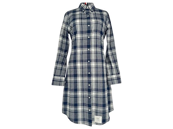 Abito camicia midi a quadri Thom Browne in cotone blu navy