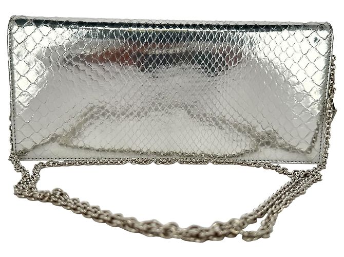 Christian Dior Python Flap Long Chain Clutch in Silver Leather
