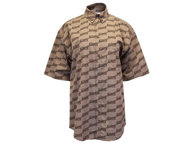 Camicia a maniche corte Balenciaga BB Monogram Logo Print in cotone marrone