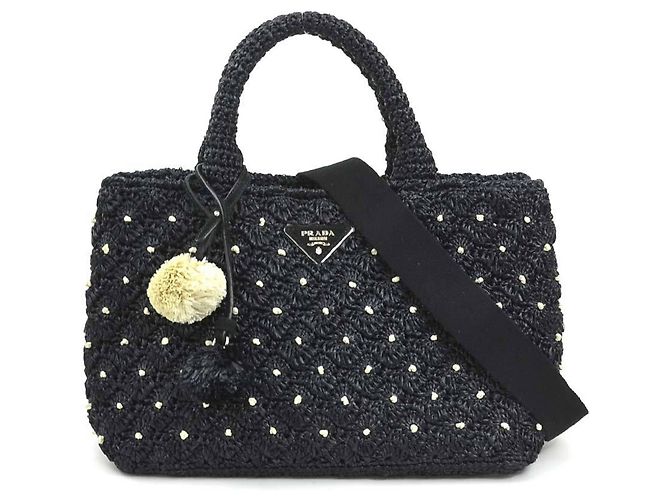 Prada Raffia Handbag Black Eggshell
