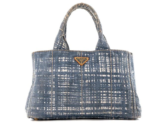 PRADA - Borsa Shopper Canapa GM Prada in denim blu e bianco
