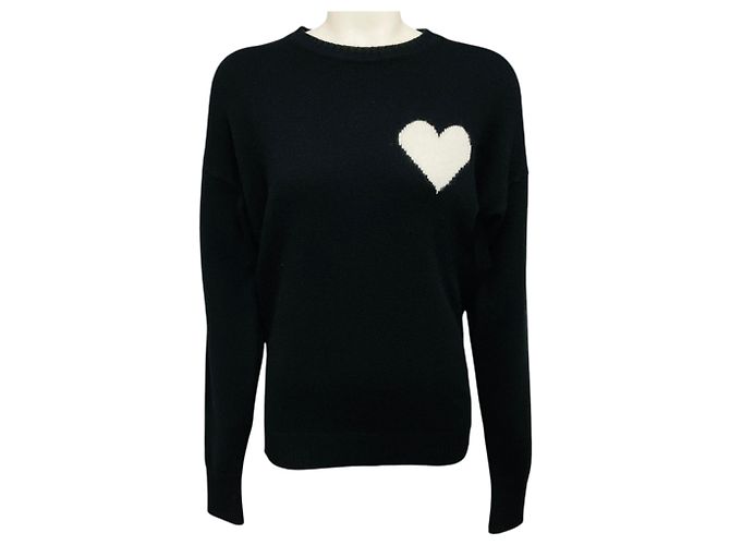 Autre Marque SPRWMN Kaschmir-Strickpullover mit Rundhalsausschnitt, langen Ärmeln und Herz-Design Schwarz / Weiß