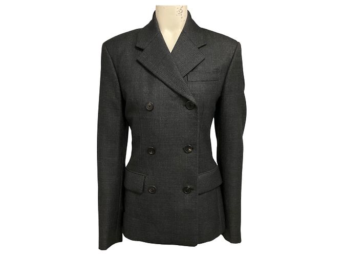 Prada zweireihiger Wollblazer mit Karomuster in Anthrazitgrau