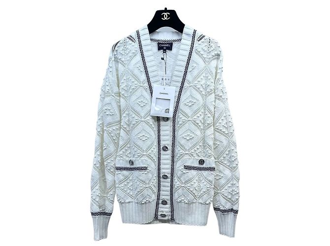 Cardigã Chanel branco de algodão ajurado