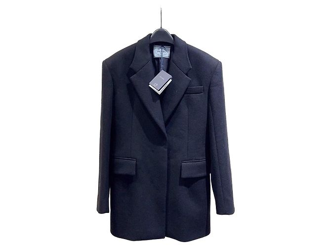 Prada Black Wool Coat with Triangular Logo
