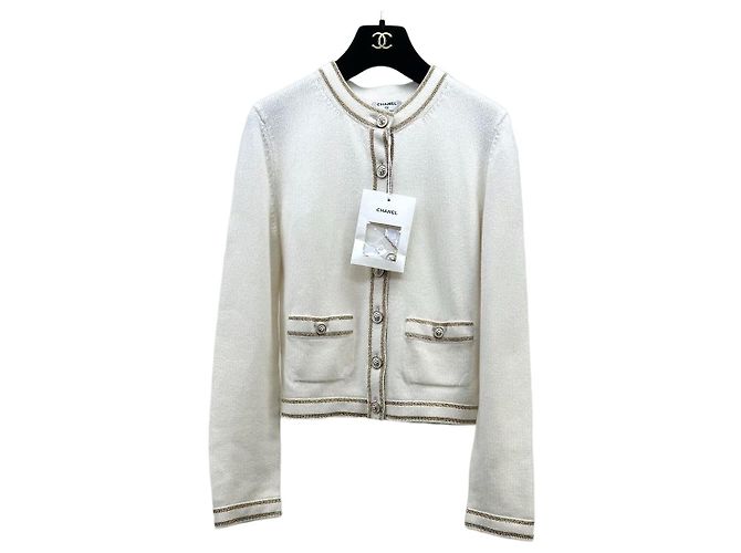 Chanel Kaschmir Cardigan Weiß mit Goldborte Größe 34