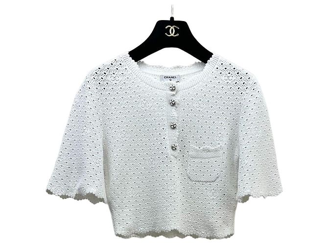 Top Chanel de renda branco curto