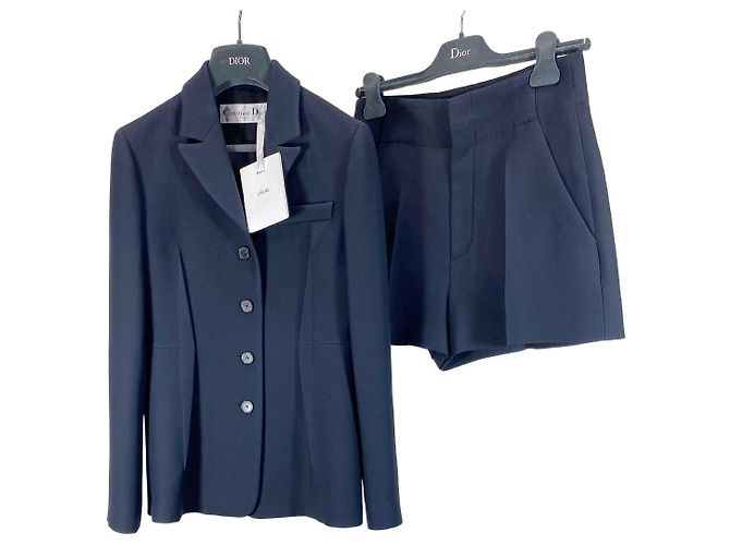 Conjunto de Blazer com Cinto e Calções Dior Navy de Lã e Seda