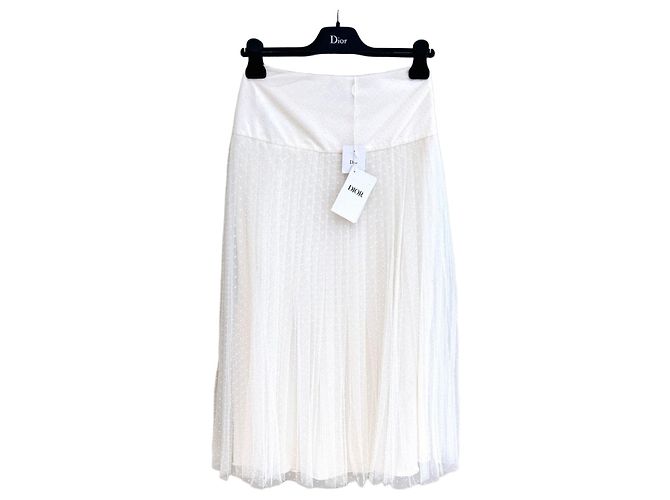 Saia Dior Branca de Tule de Bolinhas Plissada
