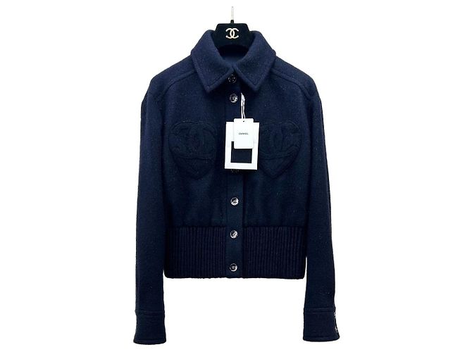 Chanel Navy Wool Jacket with Double C Heart Pockets