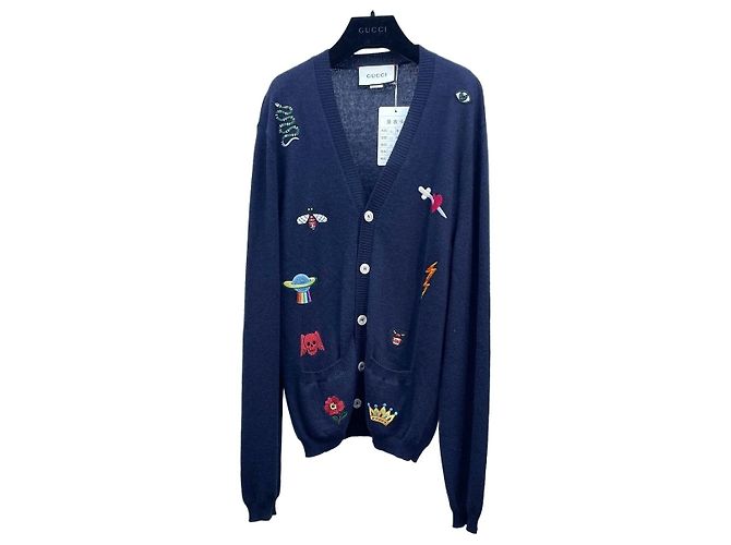Gucci Strickjacke aus Wolle in Navy mit Stickerei